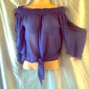 Sheer  blue off shoulder flutter sleeve top, S/M